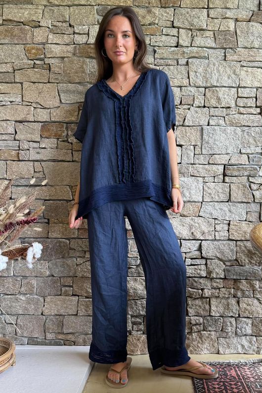Benji Linen Wave Y Tee Navy
